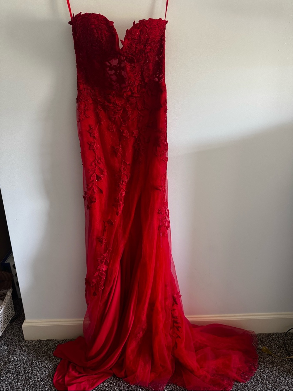 Red Strapless Embellished Tulle Dress